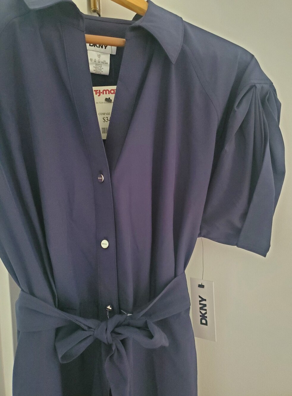 DKNY Navy Button-Front Belted Dress